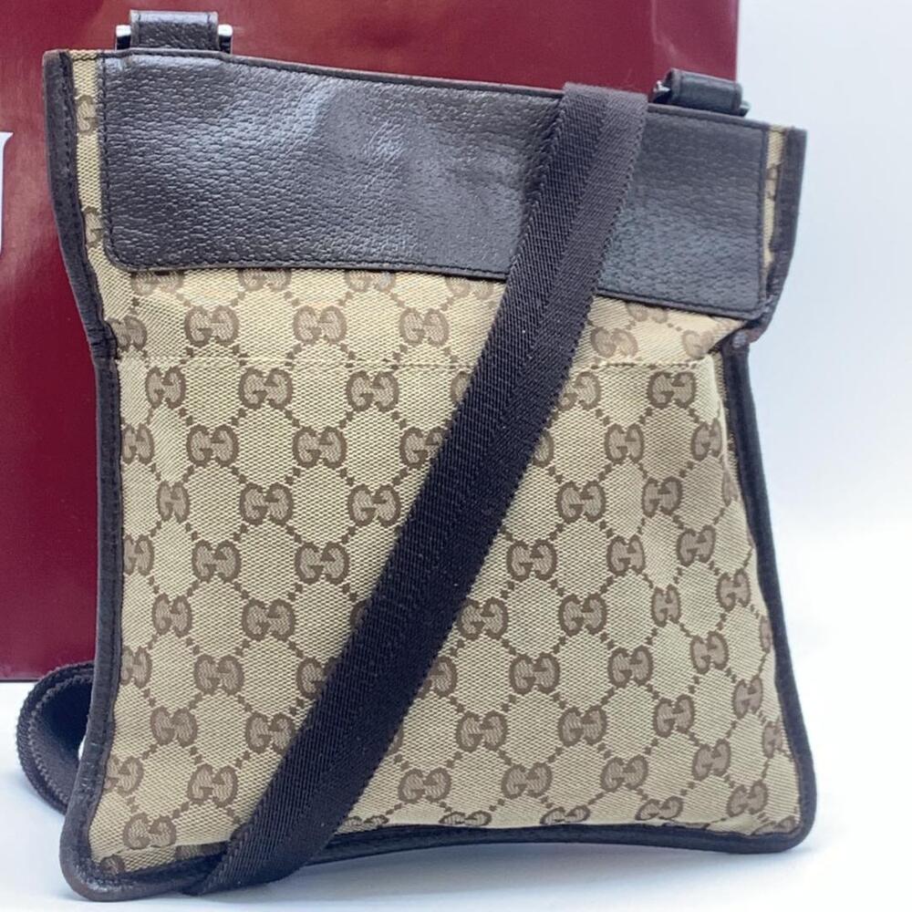 GUCCI GG Canvas Shoulder Bag Crossbody Sacoche Clutch Leather Brown - Picture 3 of 10